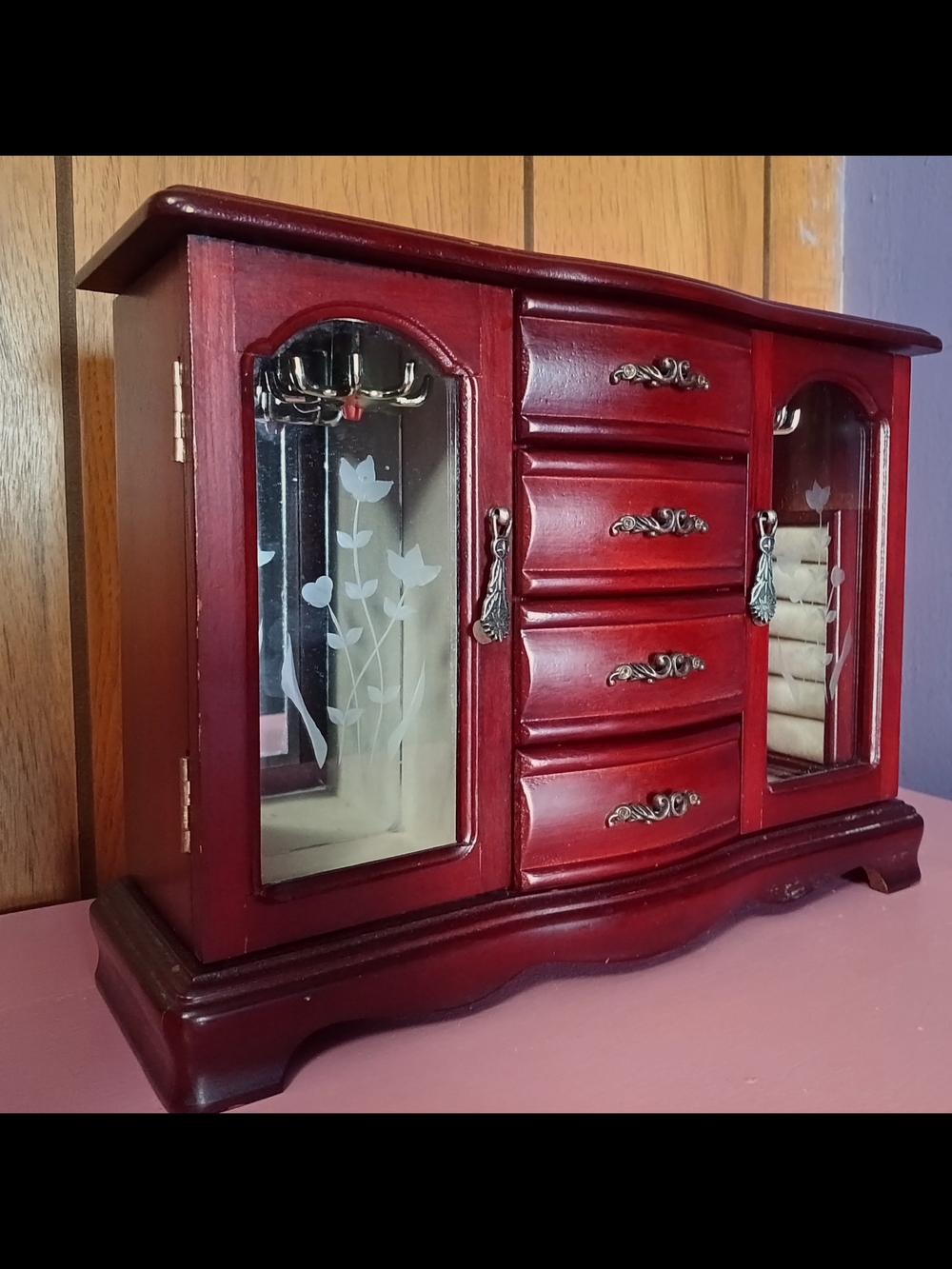 Elegant Red Wooden Jewelry Organizer Armoire
